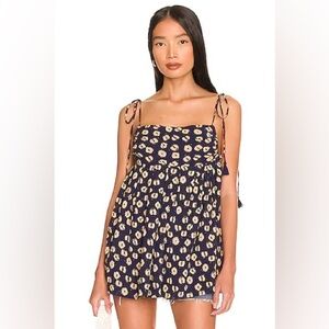 NWT Free People “Molly” Blue and Tan Linen Babydoll Top